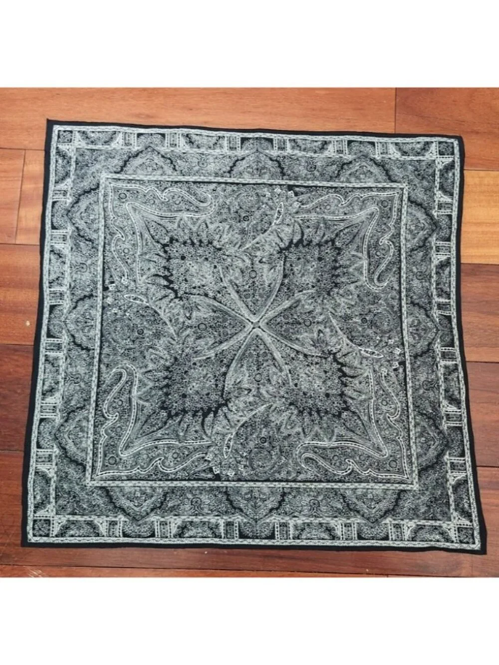 Black White Paisley Silk Blend Scarf Hand Rolled Edge Square Bandana Neck Hair